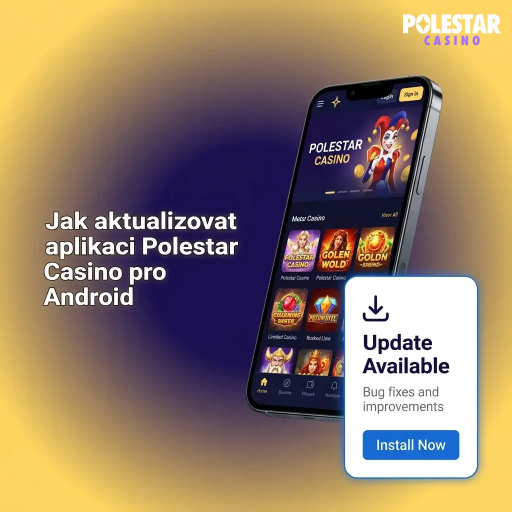 Android phone screen showing Polestar Casino app update steps: download APK, install over existing version, restart app.